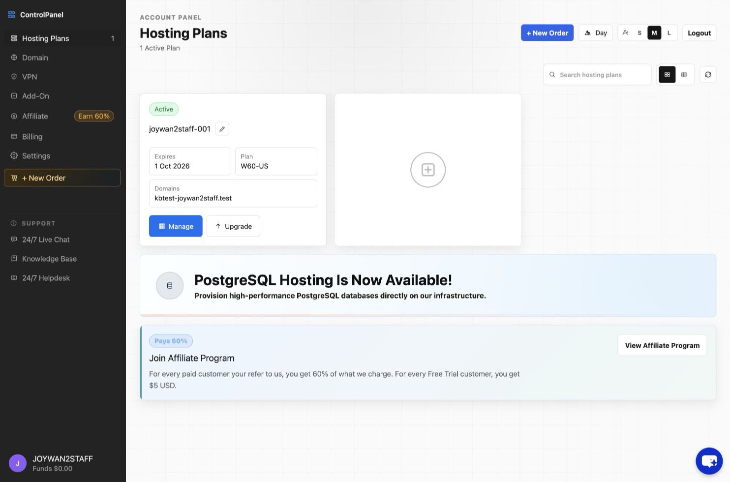 Account Panel Billing page
