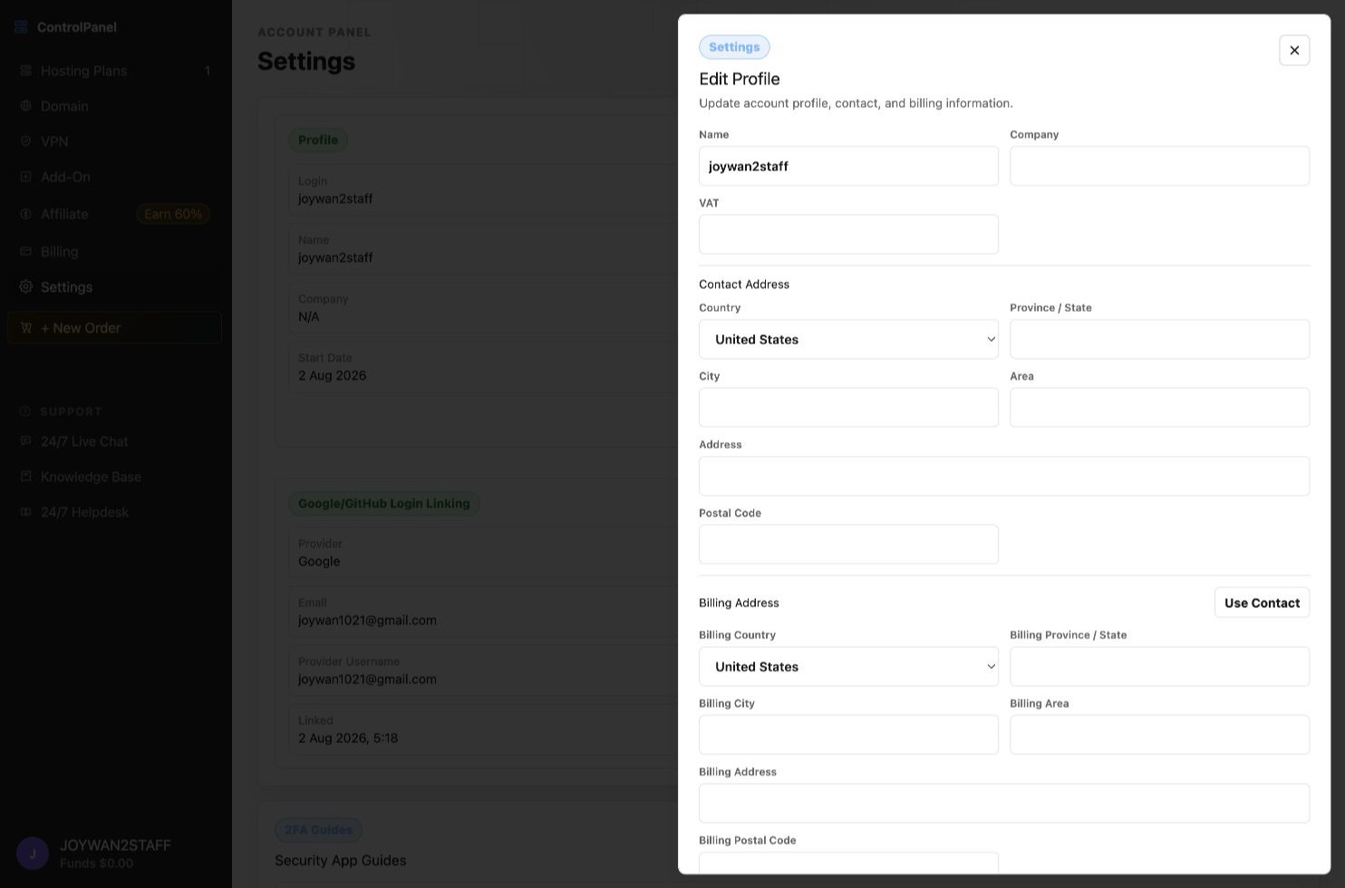 Edit profile drawer in the current Account Panel