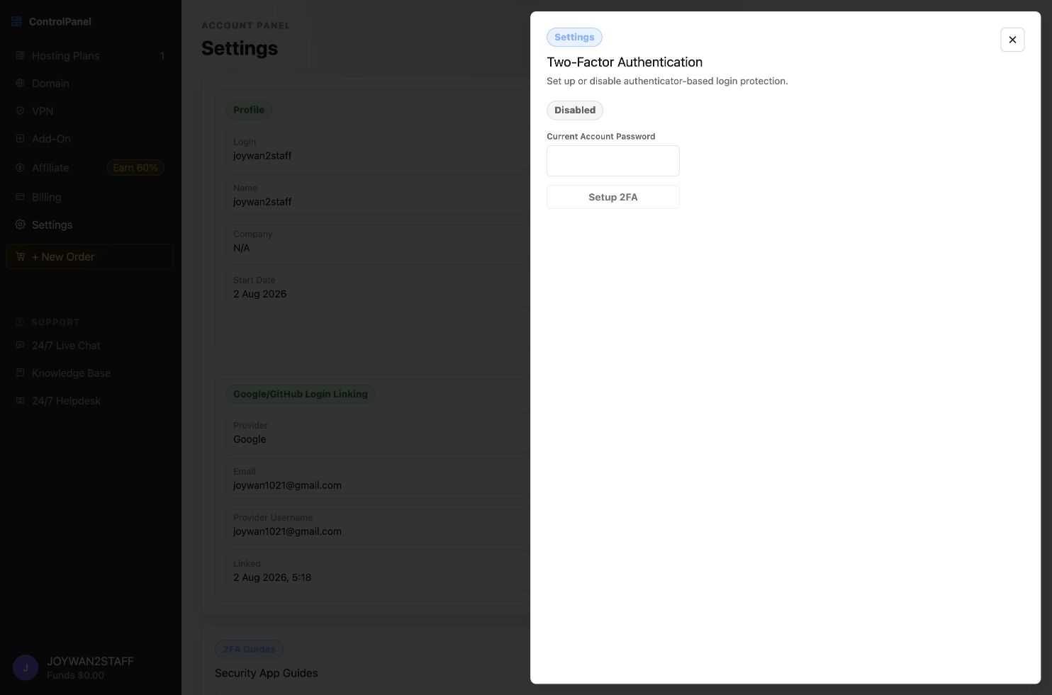 Two-factor authentication settings in the current Account Panel