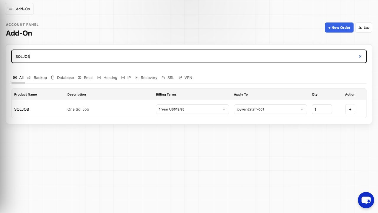 SQL Job add-on in the current Account Panel