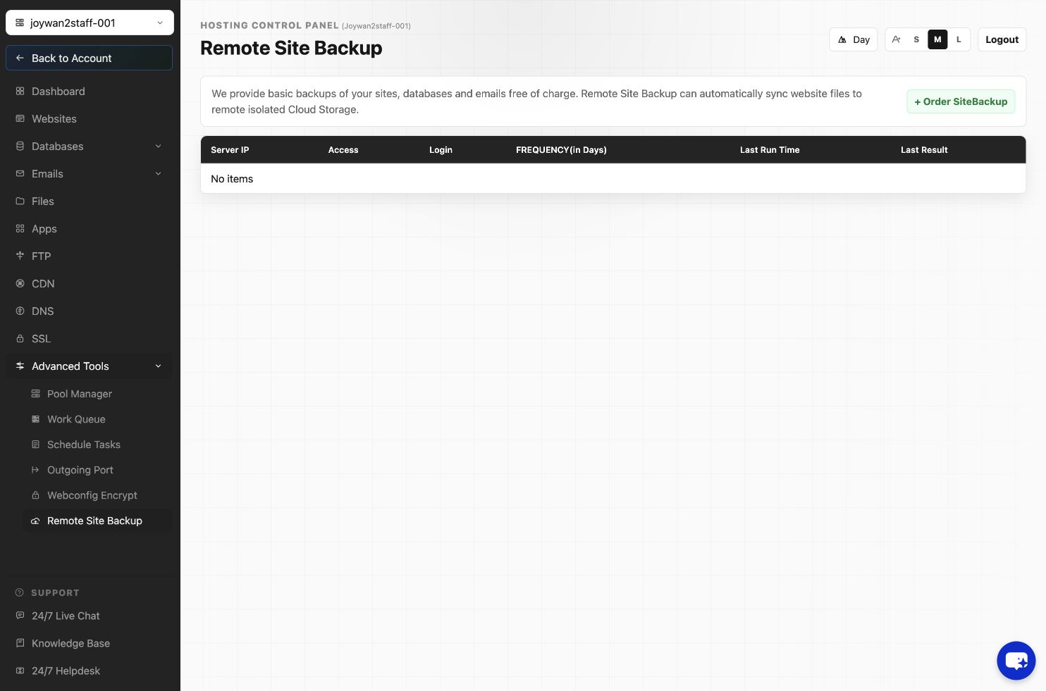 Remote Site Backup in the current Hosting Control Panel