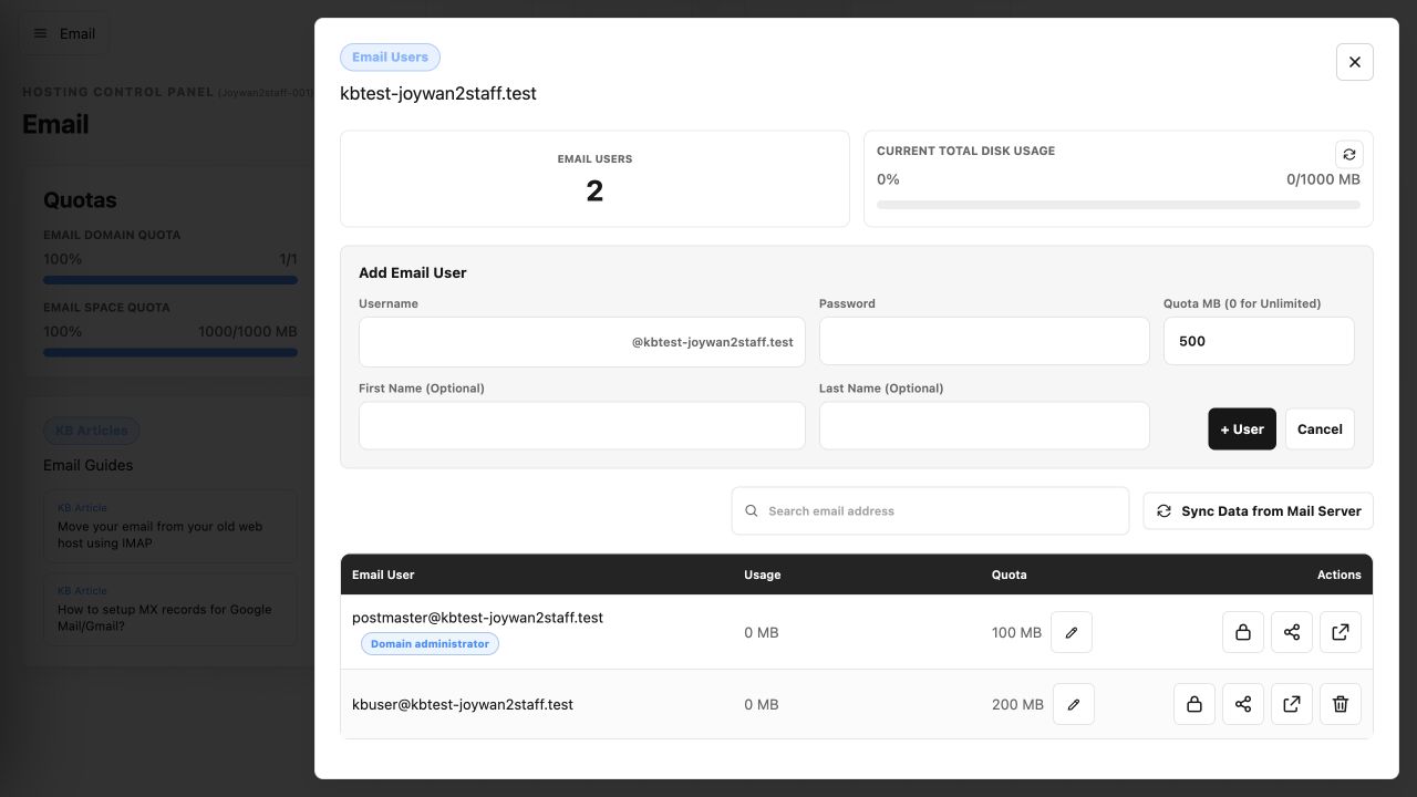 Add Email User form in the current Control Panel