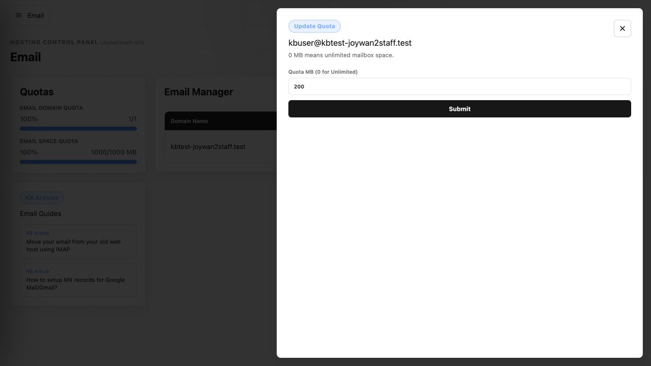 Update mailbox quota form in the current Control Panel