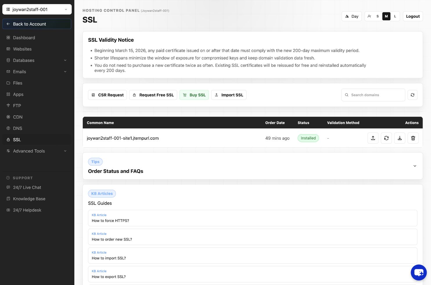 Export SSL Cert action in the current Hosting Control Panel