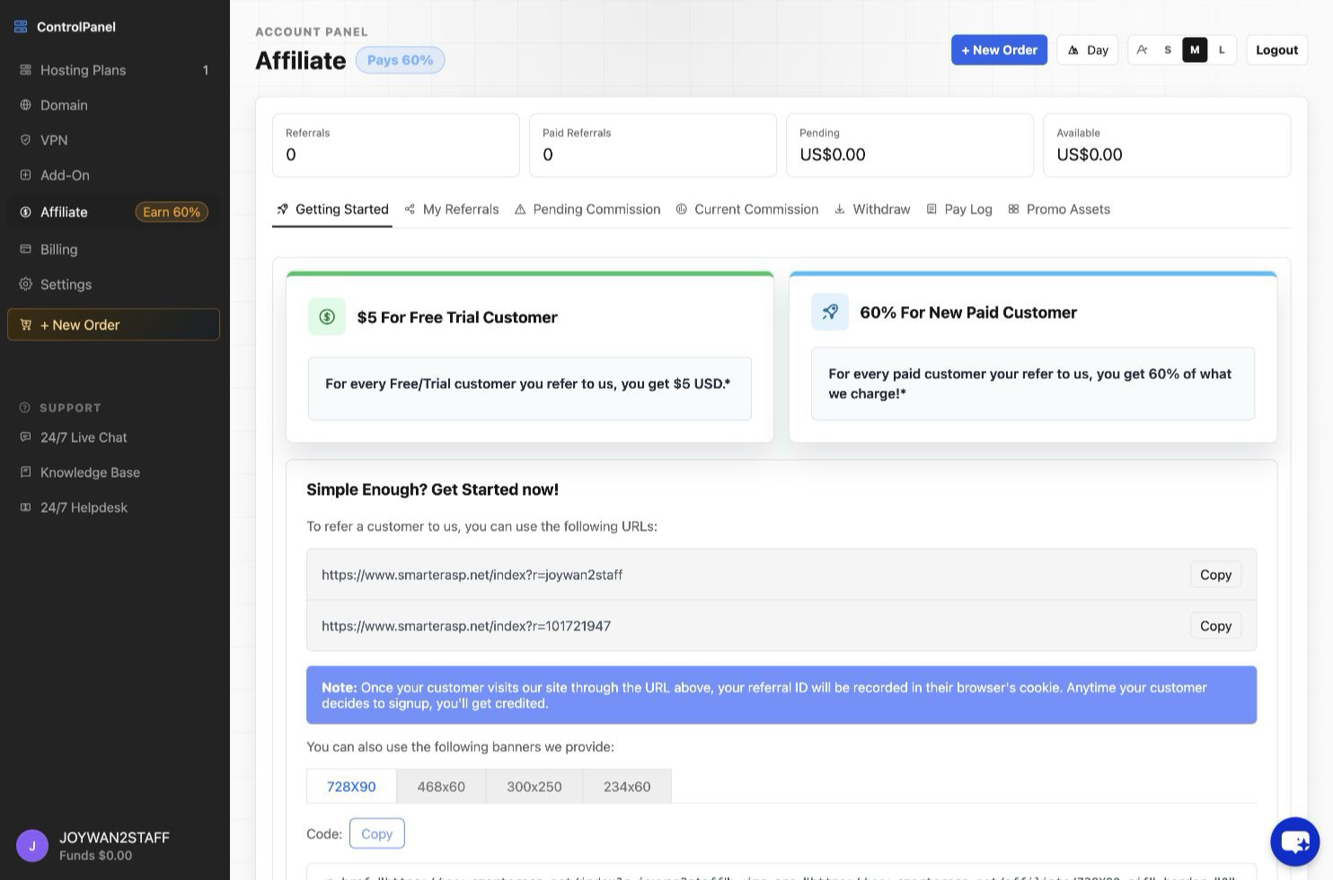 Affiliate page in the Account Panel