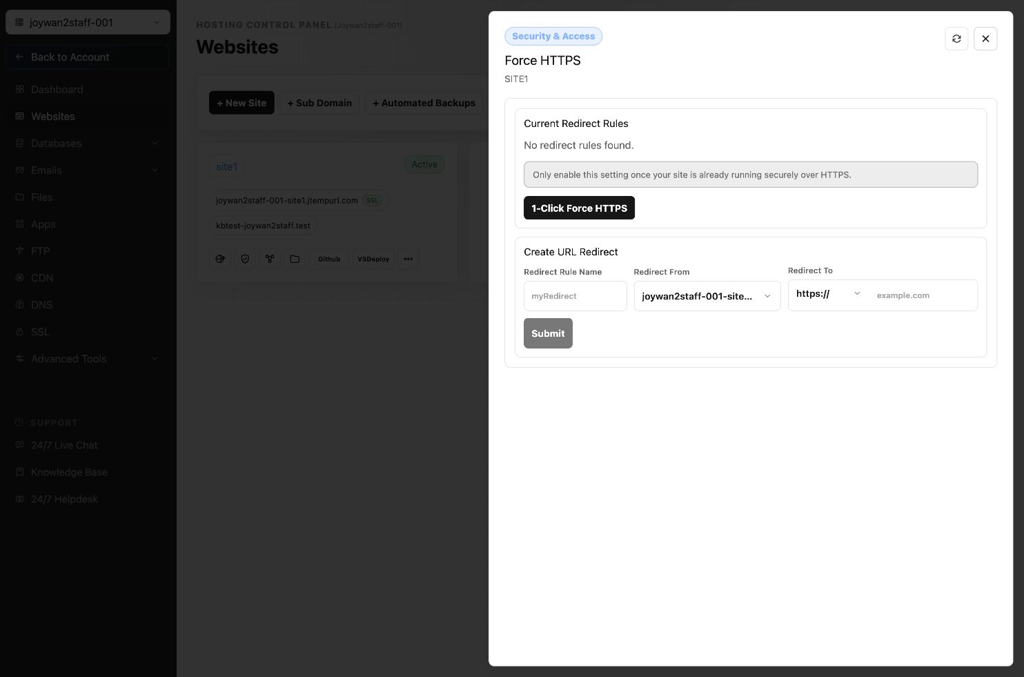 Current Hosting Control Panel screen
