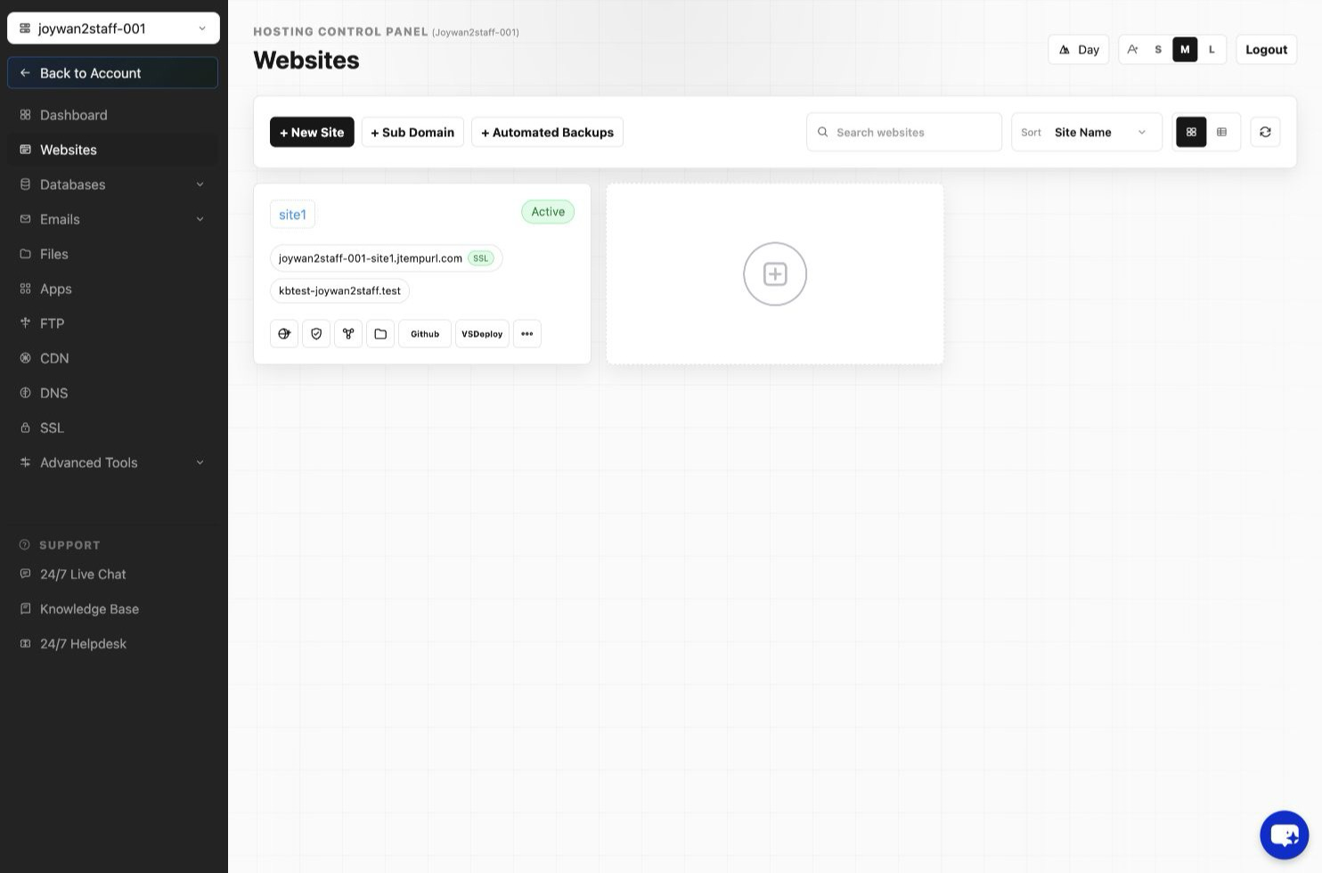 Website management options in the Hosting Control Panel