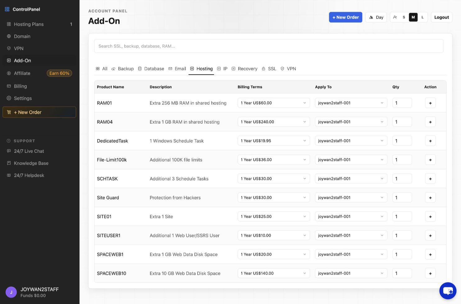 Current Control Panel screen