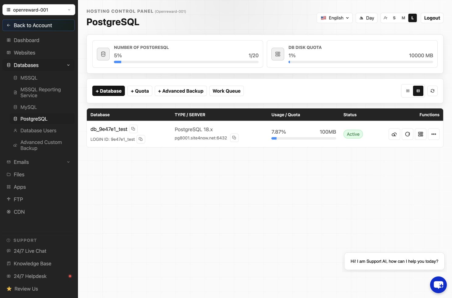 PostgreSQL database page with the Backup action
