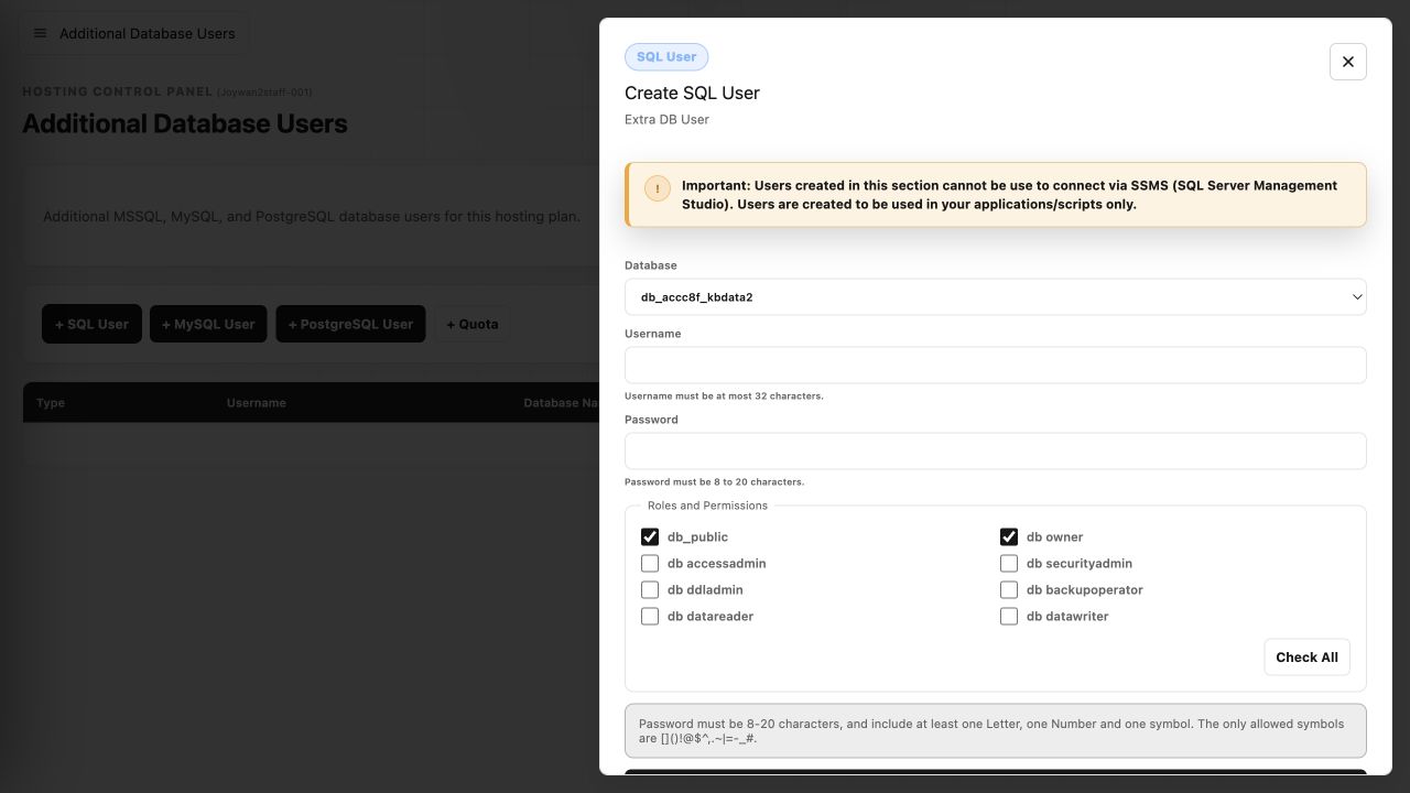 Create MSSQL user form in the current Control Panel