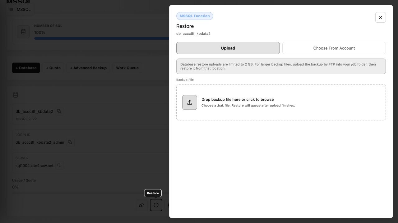 MSSQL restore form in the current Control Panel