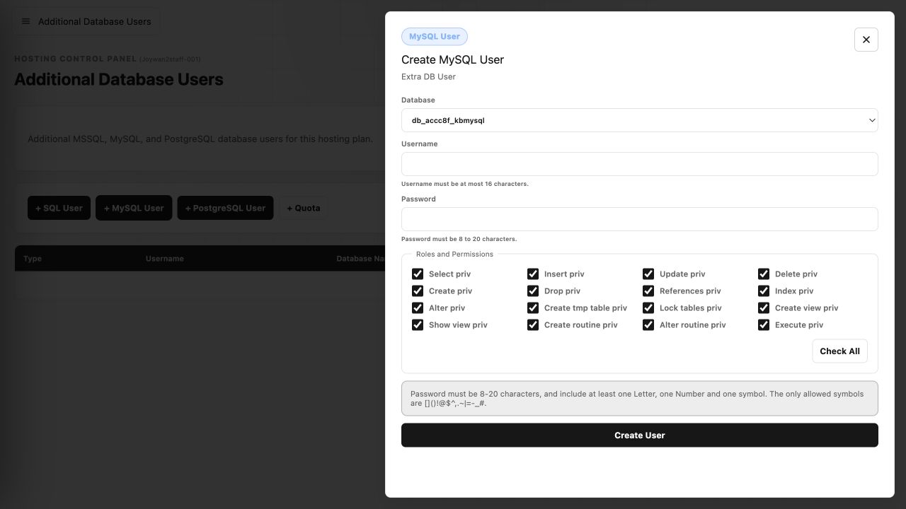 Create MySQL user form in the current Control Panel