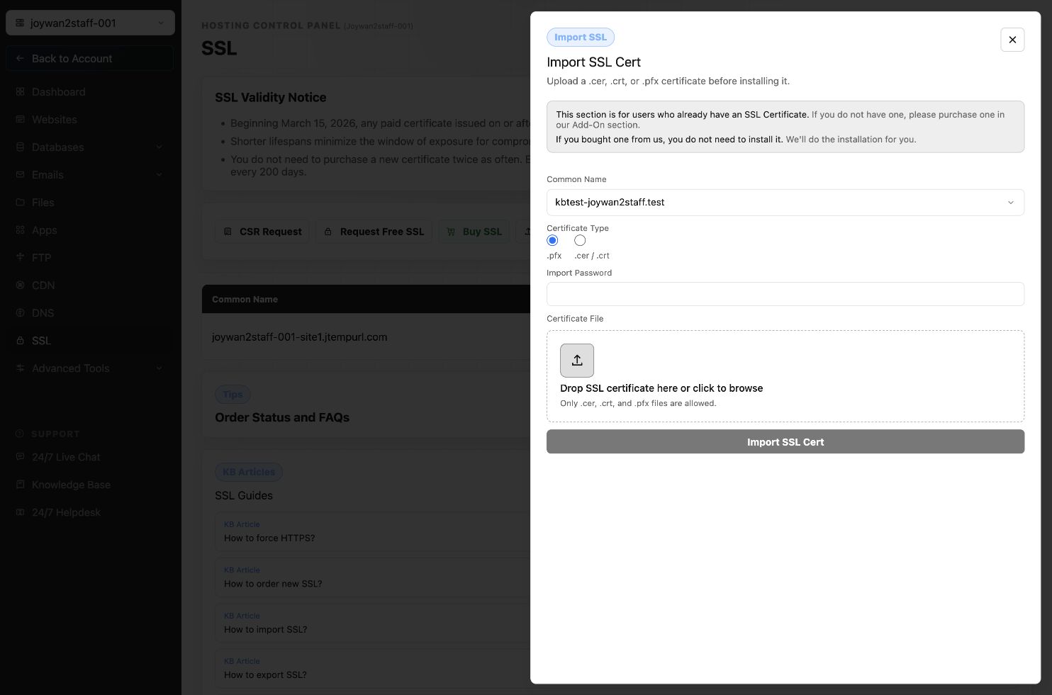 Import SSL form in the current Hosting Control Panel