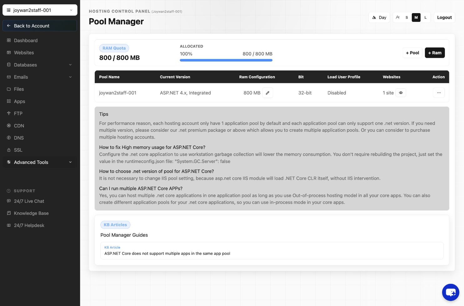 ASP.NET version settings in the current Hosting Control Panel