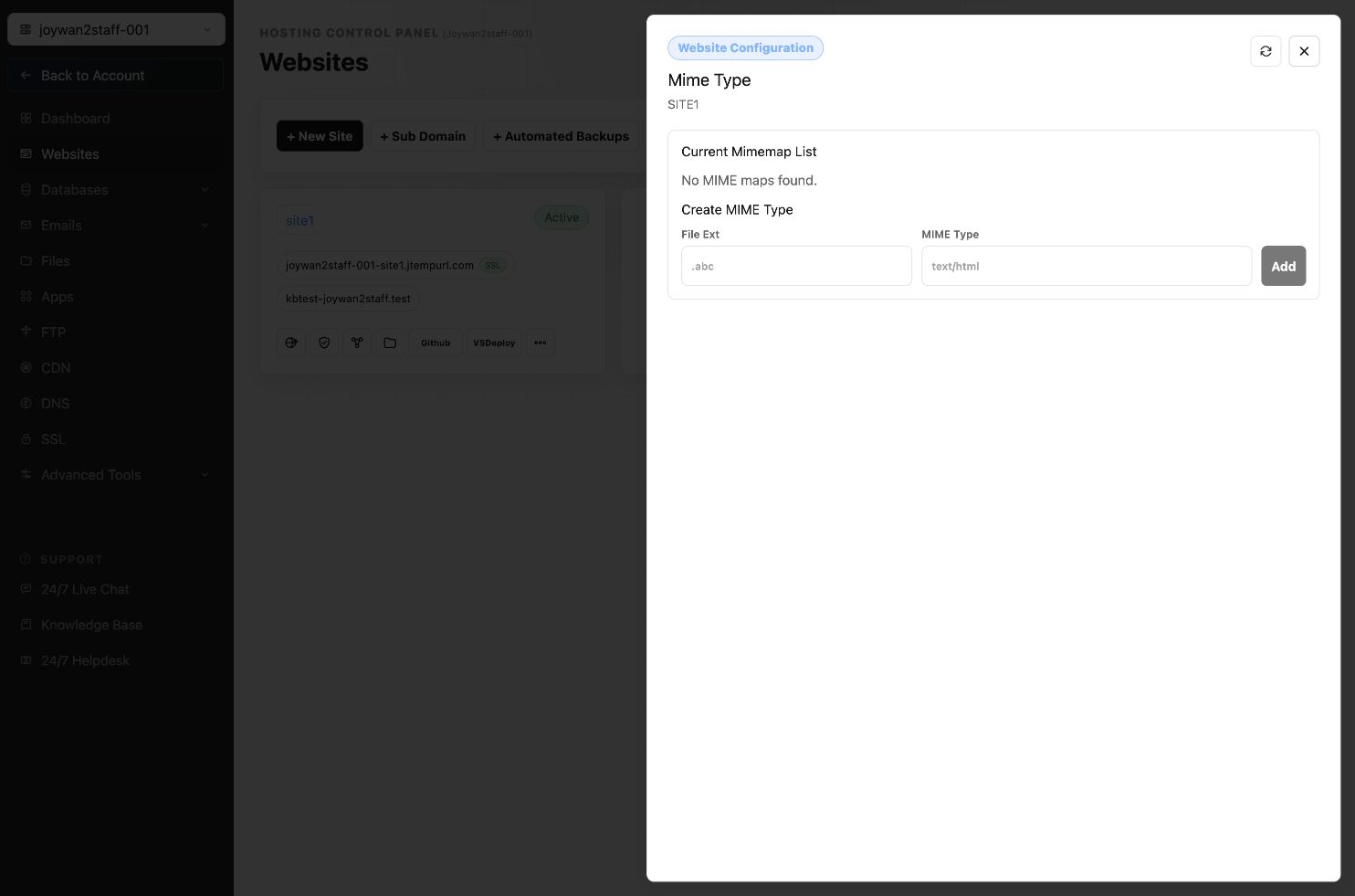 MIME type settings in the current Hosting Control Panel
