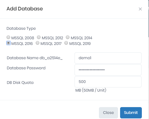 How can I create MSSQL database from hosting control panel?