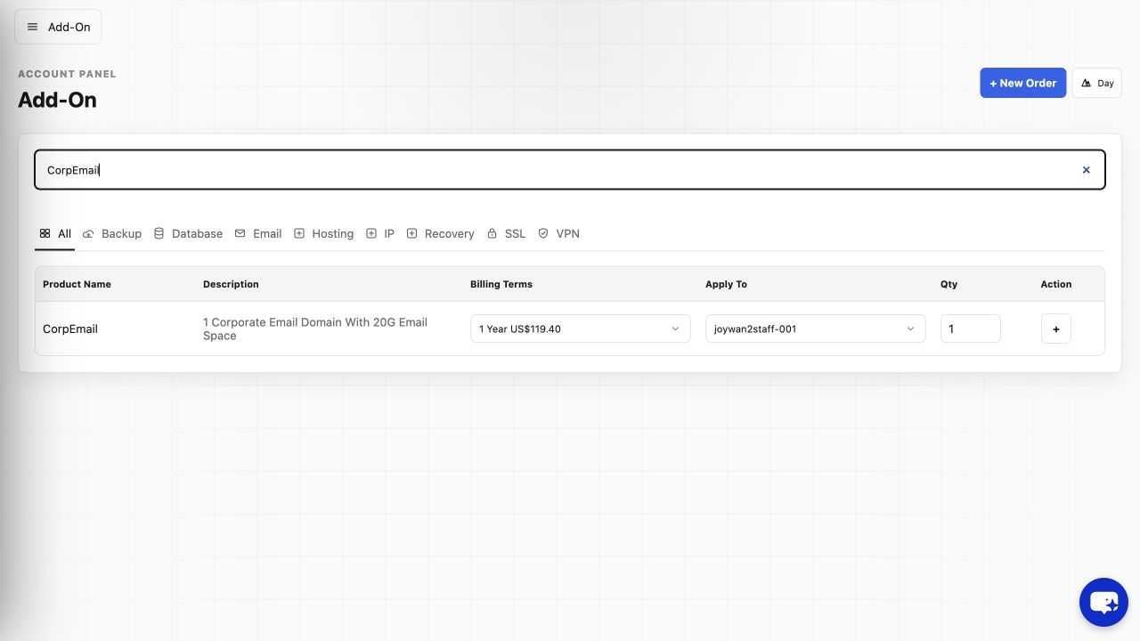Corporate Email add-on in the current Account Panel